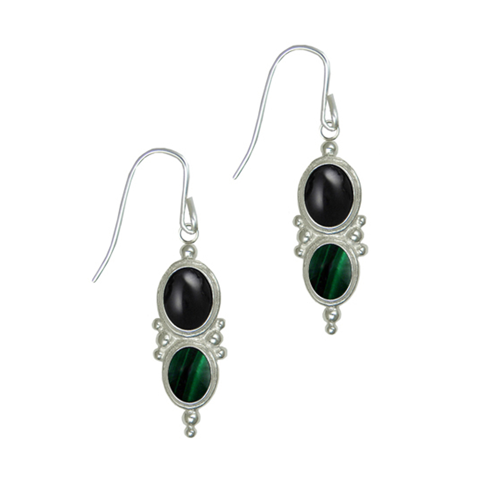 Sterling Silver Black Onyx And Malachite Gemstone Drop Dangle Earrings